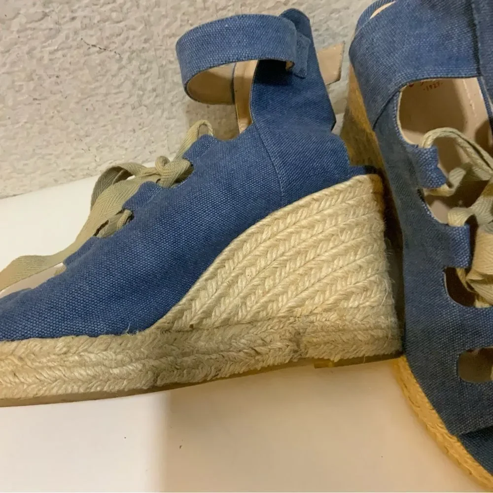 Castaner Leather lace up Denim look platform Wedge Espadrille Sandals 39